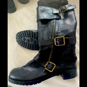 Trendy  buckled faux boots. Size 10.  Black zipper side and buckles